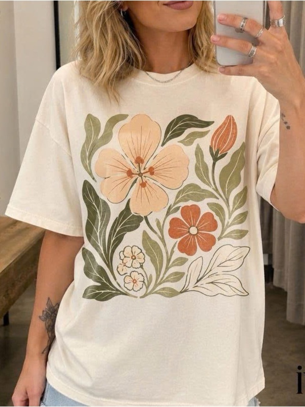 Floral Graphic Tee - Cream with Earthy Floral Print